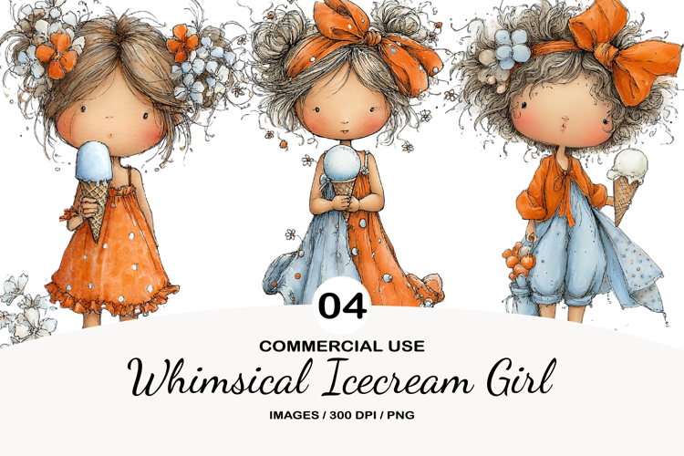 Whimsical Icecream Girl Watercolor Clipart