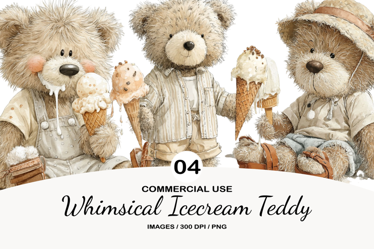 Whimsical Icecream Teddy Watercolor Clipart