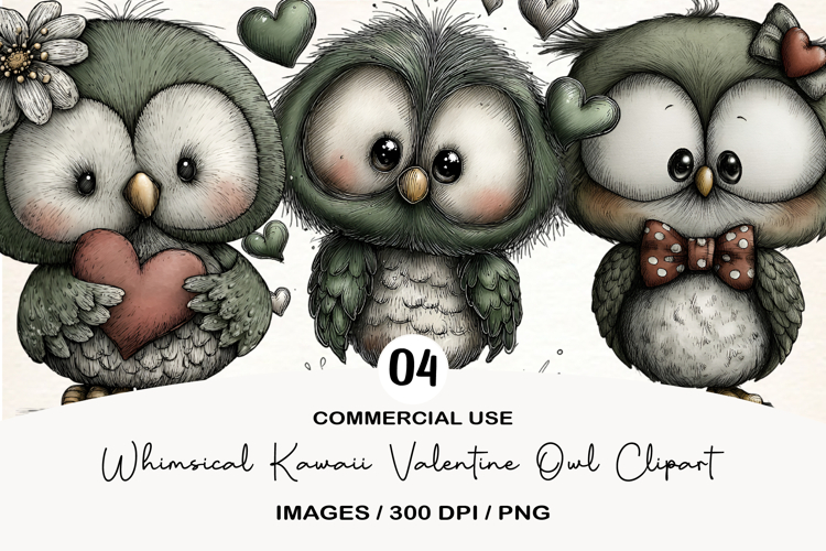 Whimsical Kawaii Valentine Owl Clipart
