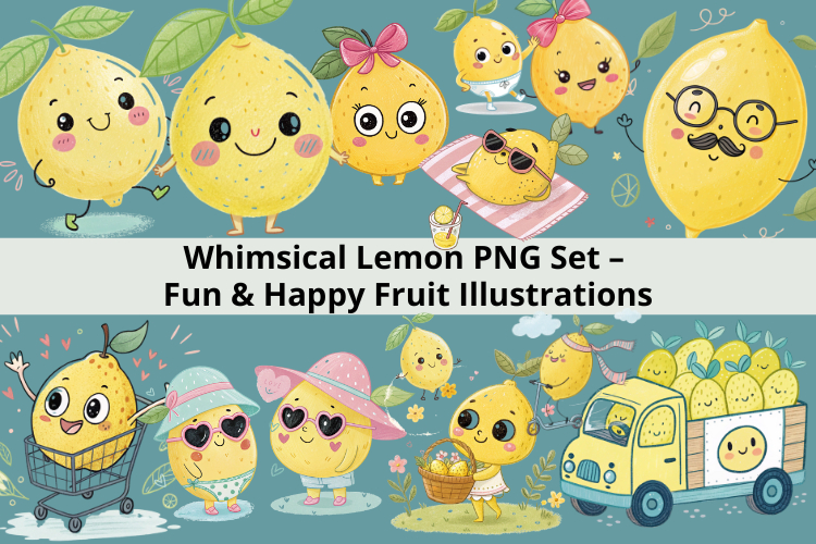 Kawaii Lemon Clipart Cute Watercolor Fruit Set
