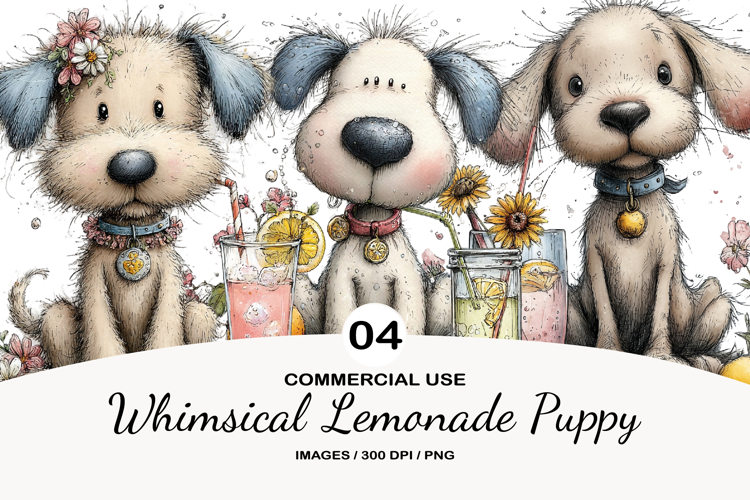 Whimsical Lemonade Puppy Watercolor Clipart