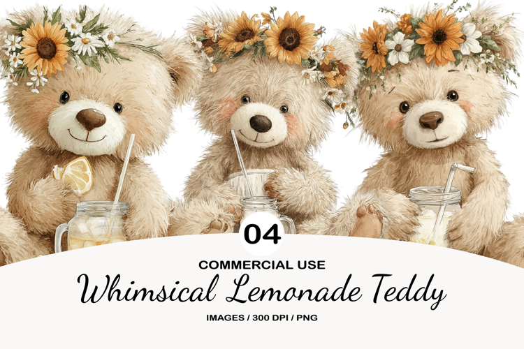 Whimsical Lemonade Teddy Watercolor Clipart