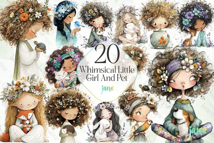 Whimsical Little Girl And Pet Clipart Bundle