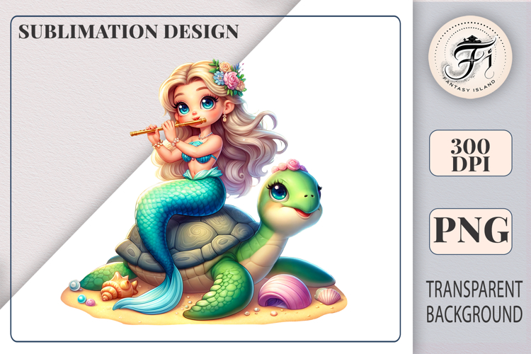 Cute Little Mermaid on Turtle | Sublimation Clipart