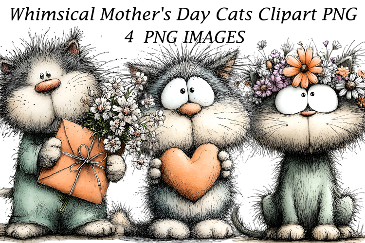 Whimsical Mothers Day Cats Clipart PNG