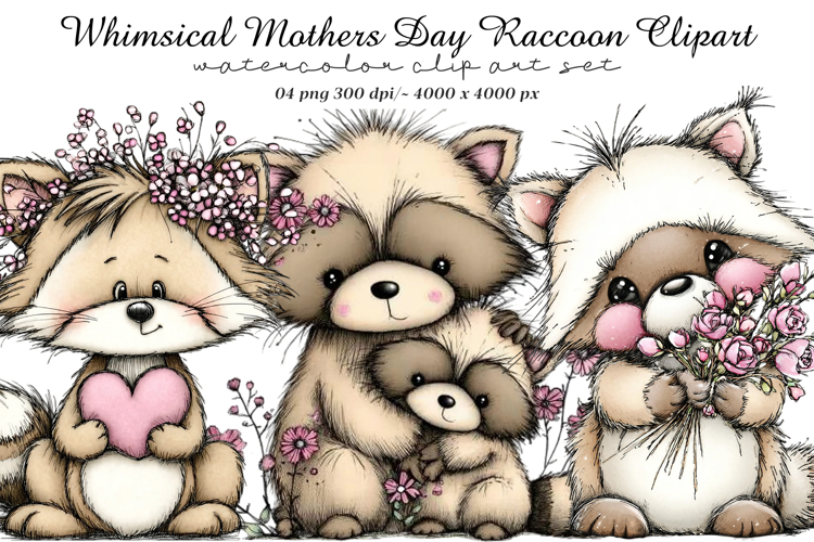 Whimsical Mothers Day Raccoon Clipart