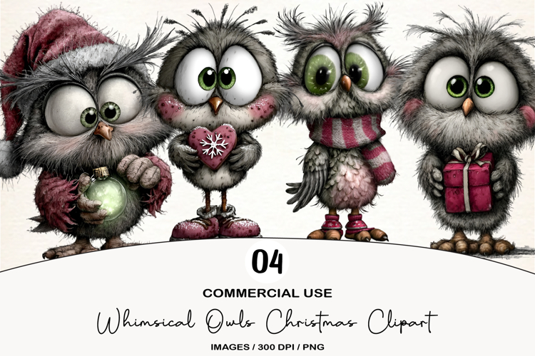 Whimsical Owls Christmas Clipart