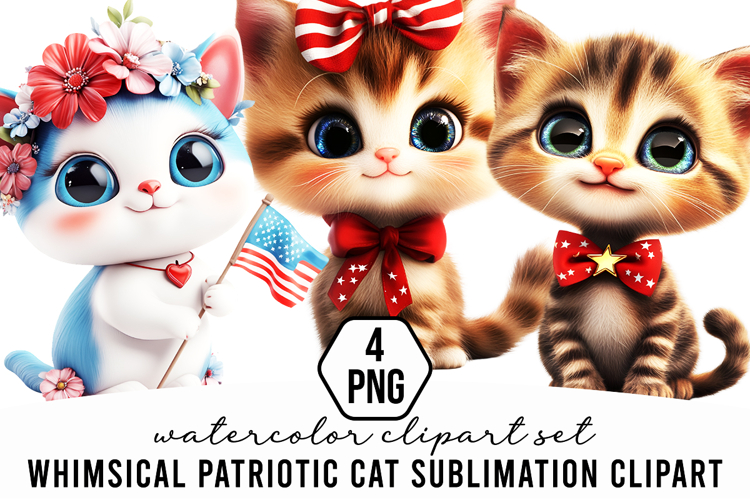 Whimsical Patriotic Cat Sublimation Clipart