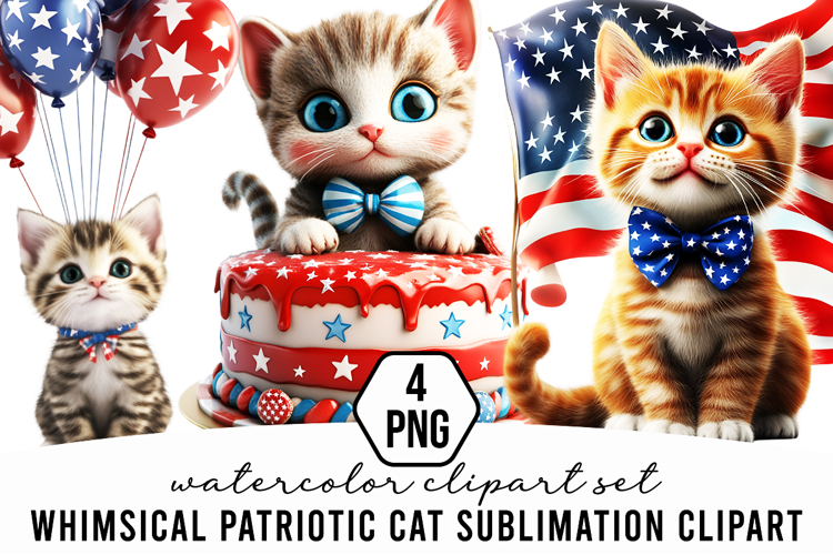 Whimsical Patriotic Cat Sublimation Clipart