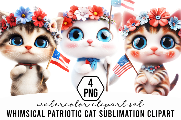 Whimsical Patriotic Cat Sublimation Clipart