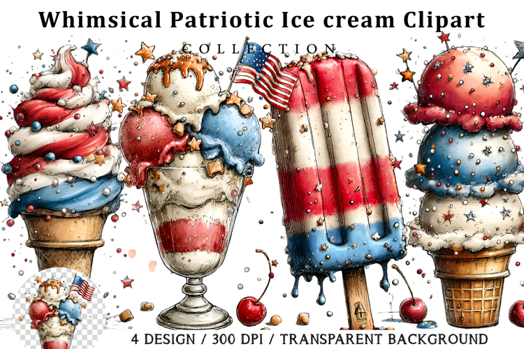 Whimsical Patriotic Ice cream Clipart