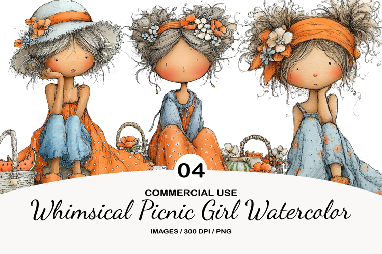 Whimsical Picnic Girl Watercolor Clipart