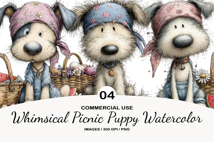 Whimsical Picnic Puppy Watercolor Clipart