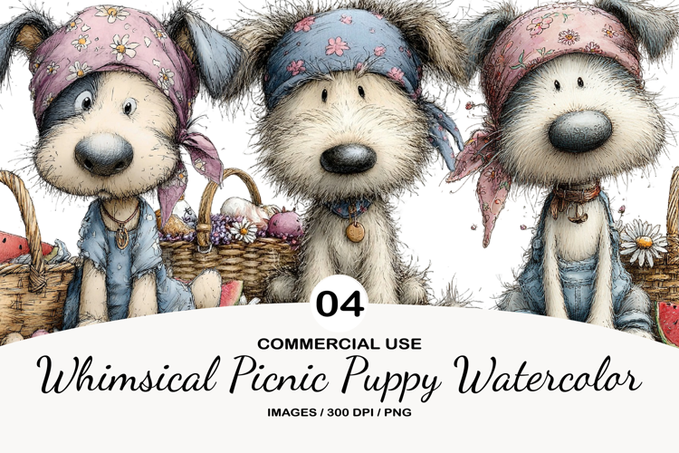 Whimsical Picnic Puppy Watercolor Clipart