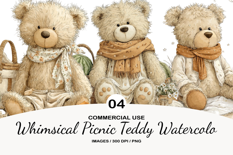 Whimsical Picnic Teddy Watercolor Clipart