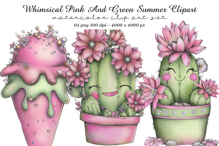 Whimsical Pink And Green Summer Clipart