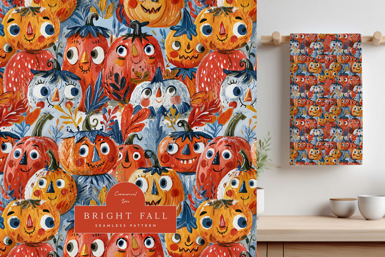 Whimsical Pumpkin Seamless Pattern for Halloween in Folk Art