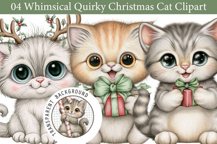 Whimsical Quirky Christmas Cat Clipart example image 1