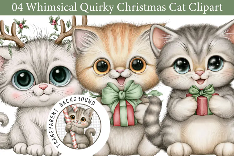 Whimsical Quirky Christmas Cat Clipart