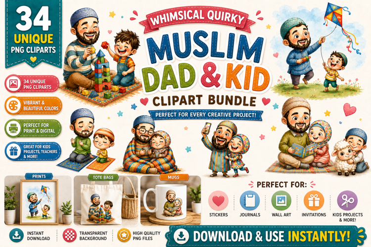 Whimsical Quirky Muslim Dad & Kid Clipart Bundle