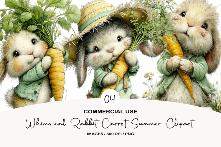Whimsical Rabbit Carrot Summer Clipart