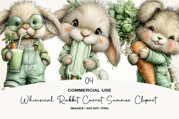 Whimsical Rabbit Carrot Summer Clipart