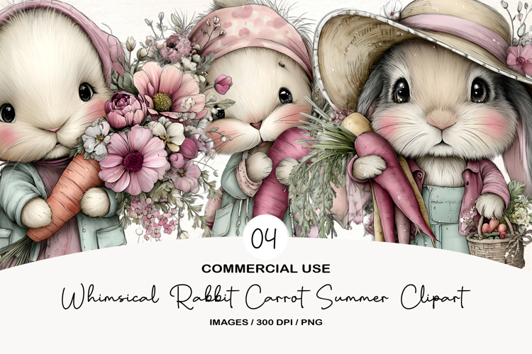 Whimsical Rabbit Carrot Summer Clipart