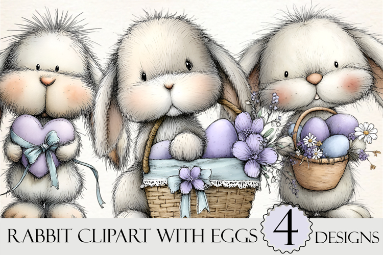 Whimsical Rabbit Clipart with Eggs Baskets
