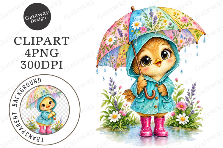 Whimsical Rainy Day Animals Clipart example image 1