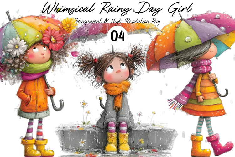 Whimsical Rainy Day Girl with Umbrella Clipart