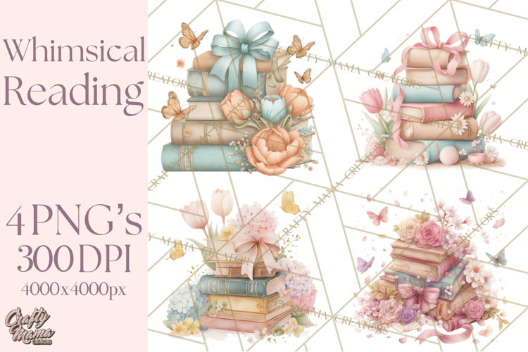 Whimsical Spring Books Clipart, Flowers and Butterflies PNG