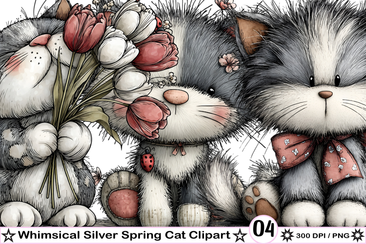 Whimsical Silver Spring Cat Clipart