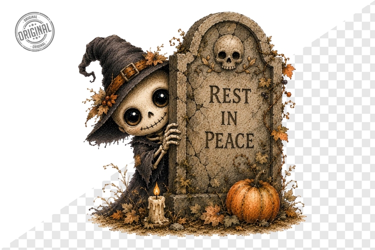 Whimsical Skeleton Witch Peeking Tombstone Clipart PNG