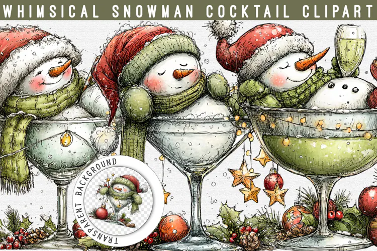 Christmas Snowman Cocktail Clipart PNG | Whimsical Holiday