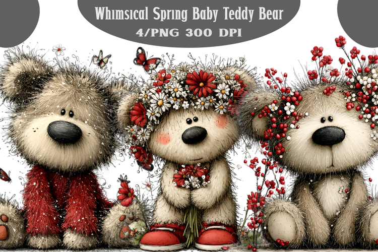 Whimsical Spring Baby Teddy Bear Clipart PNG