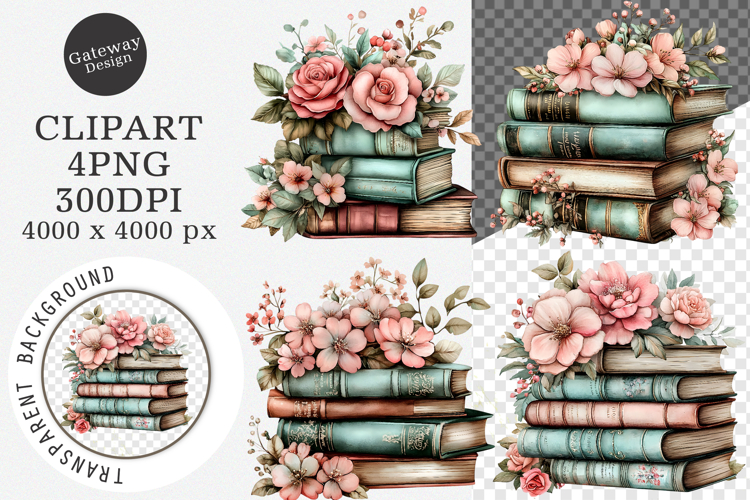 Whimsical Spring Book stack Clipart - Spring Book stack Png