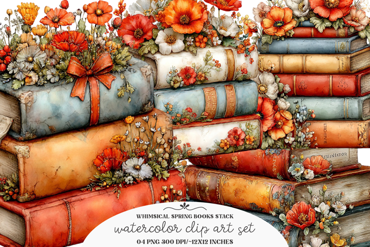 Whimsical spring books stack clipart - spring books stack