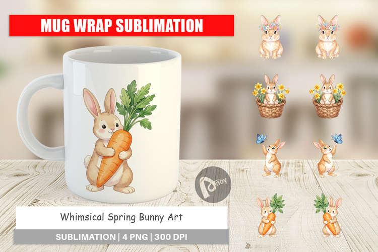 Whimsical Spring Bunny Art Mug Wrap