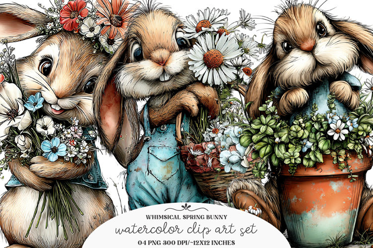 Whimsical Spring bunny clipart - Spring bunny Png