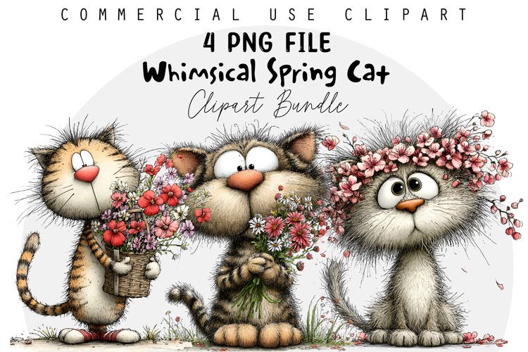 Whimsical Spring Cat Clipart, Easter Sublimation PNG