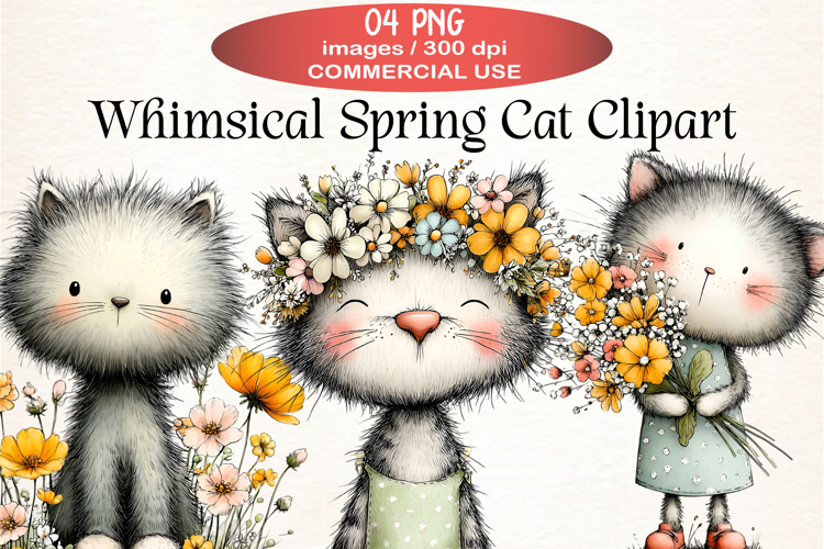 Whimsical Spring Cat Clipart