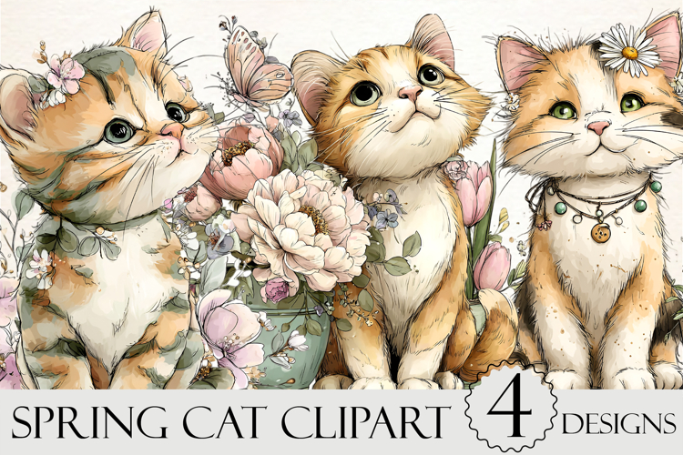 Whimsical Spring Cat Clipart