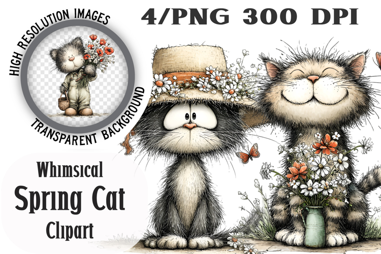 Whimsical Spring Cat Clipart