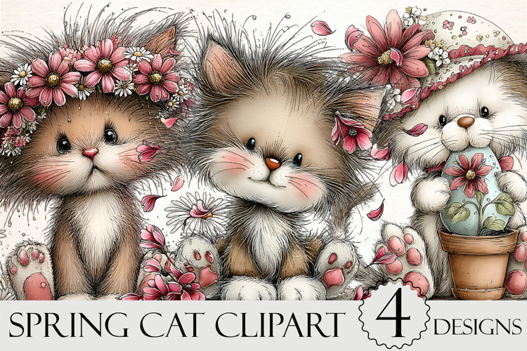 Whimsical Spring Cat Clipart