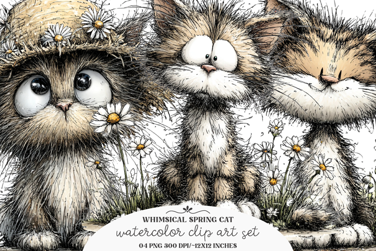 Whimsical spring cat clipart - spring cat Png