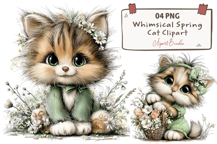 Whimsical Spring Cat Clipart