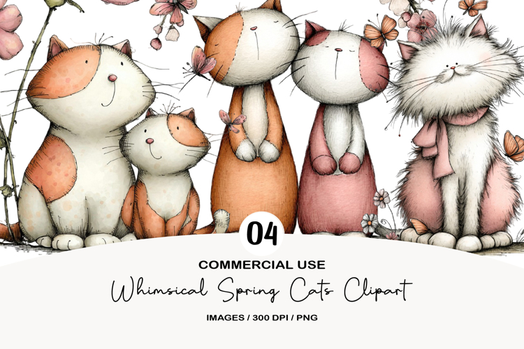 Whimsical Spring Cats Clipart