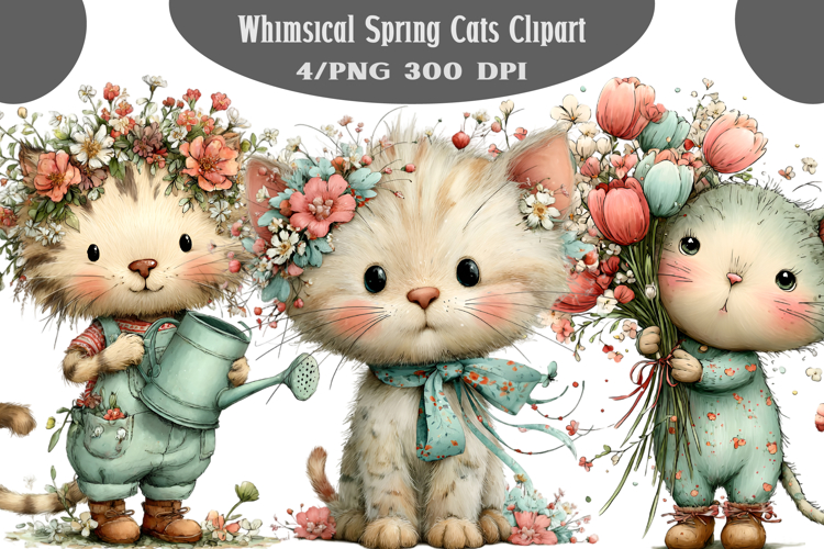 Whimsical Spring Cats Clipart PNG