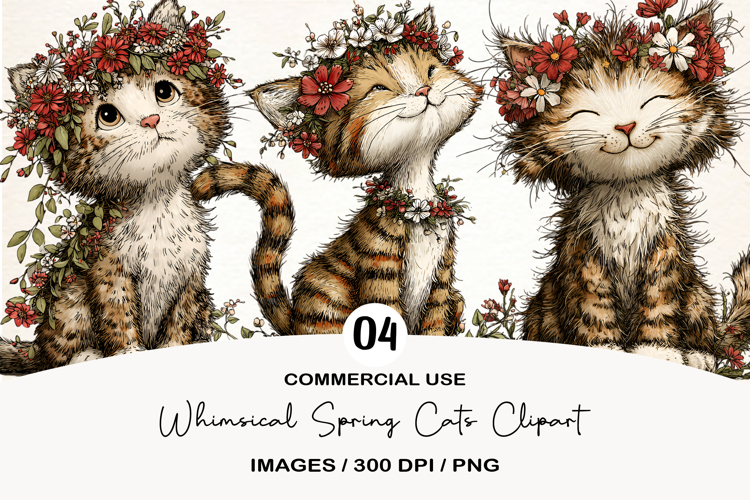 Whimsical Spring Cats Clipart