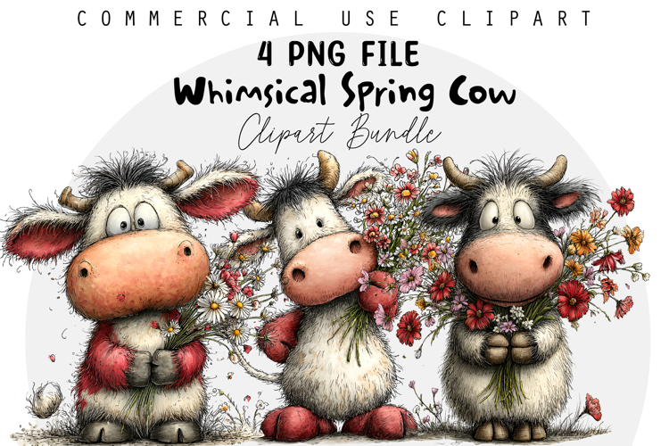 Whimsical Spring Cow Clipart, Easter Sublimation PNG